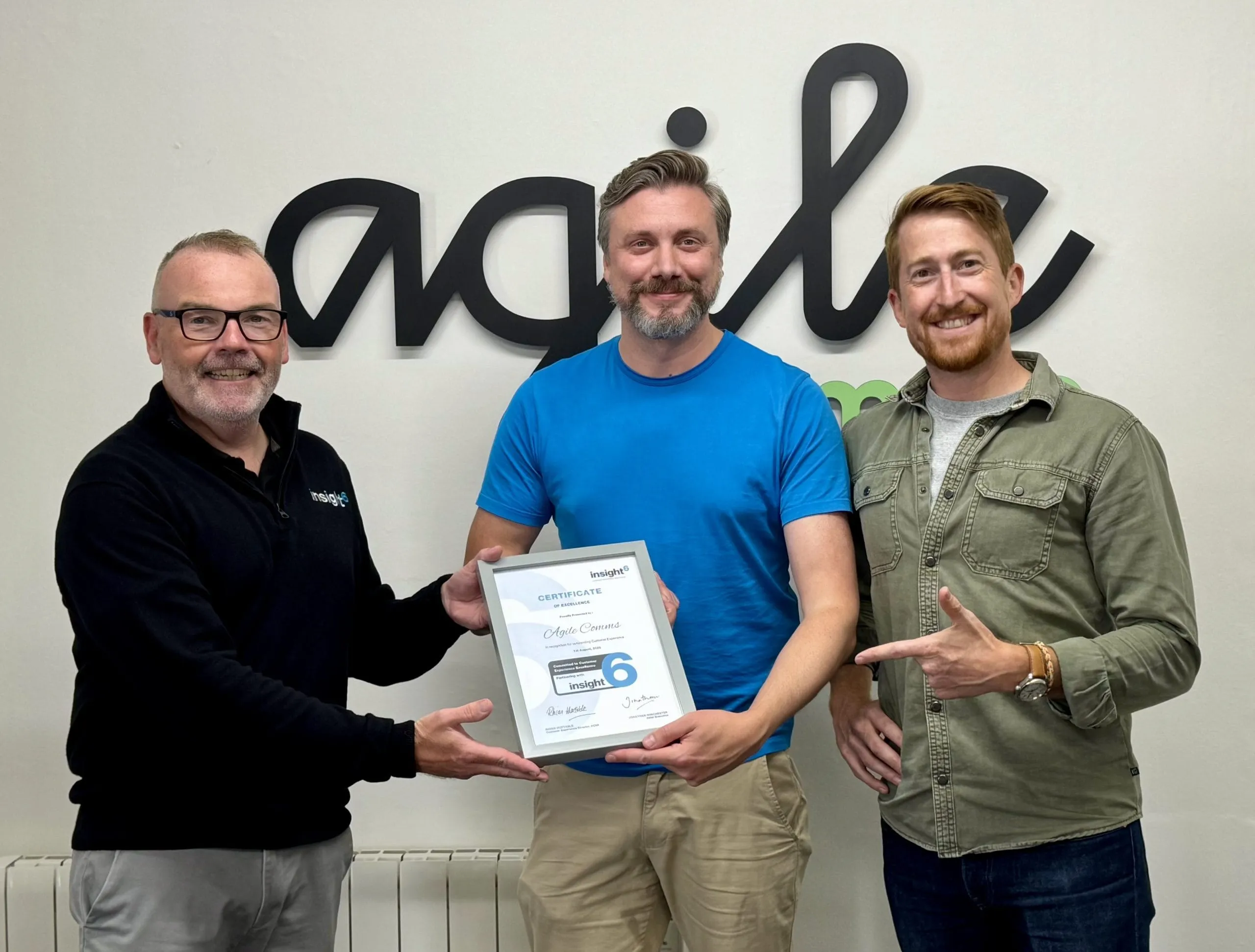 Ollie Jackman and James Fisher of Agile Comms pictured with Rhian Huxtable from insight6